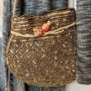 Gold & Bronze Beaded Formal, Evening Purse - Made in India